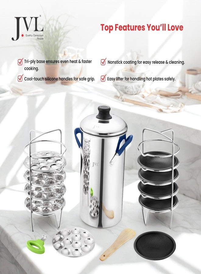 JVL Stainless Steel Triply Base Thatte Idly Maker (5 Thatte Idly, 5 Mini Idly plates) 1 Steamer Vessel, 5 Thatte Idly Plates, 5 Mini Idly Plates, 1 Stand, 1 Lifter and 1 Spatula - Image 5